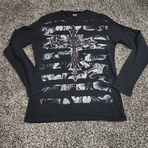 Y2K MMA Elite Long Sleeve Thermal Shirt Mens L Black Skull Cross Grunge Punk Emo